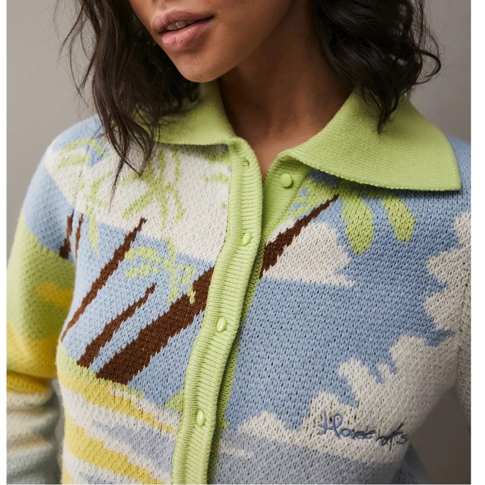 HOUSE OF SUNNY Lime Green Blue Tropical Knit Cropped Collared Cardigan Sweater - Picture 11 of 17
